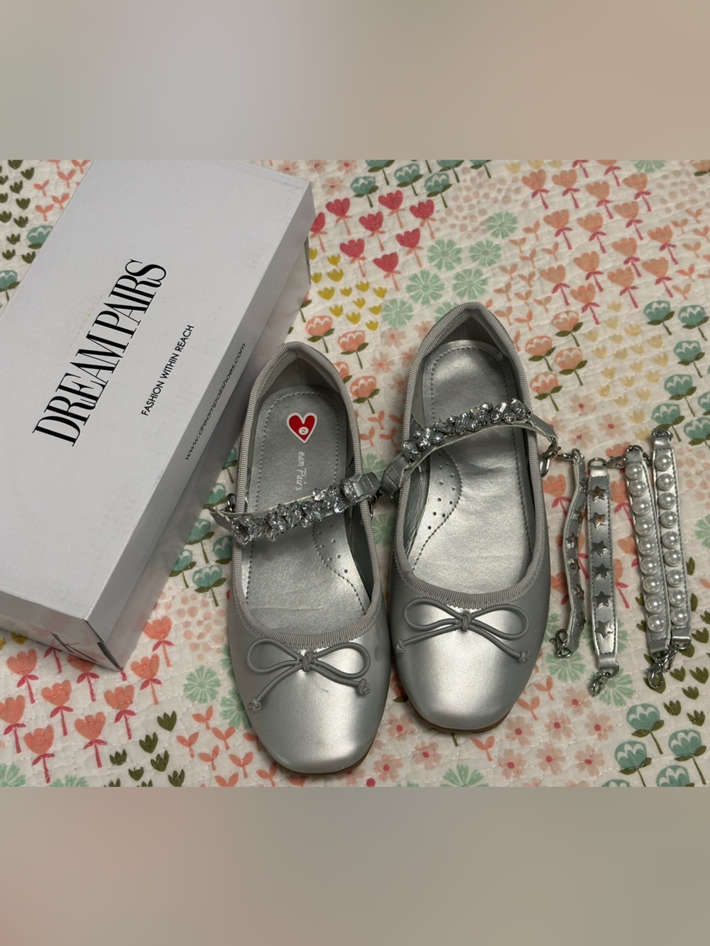 Dream Pairs Silver Metallic Ballet Flats with Embellished Strap